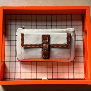 Coach Hamptons Leather Wristlet in white/saddle/silver